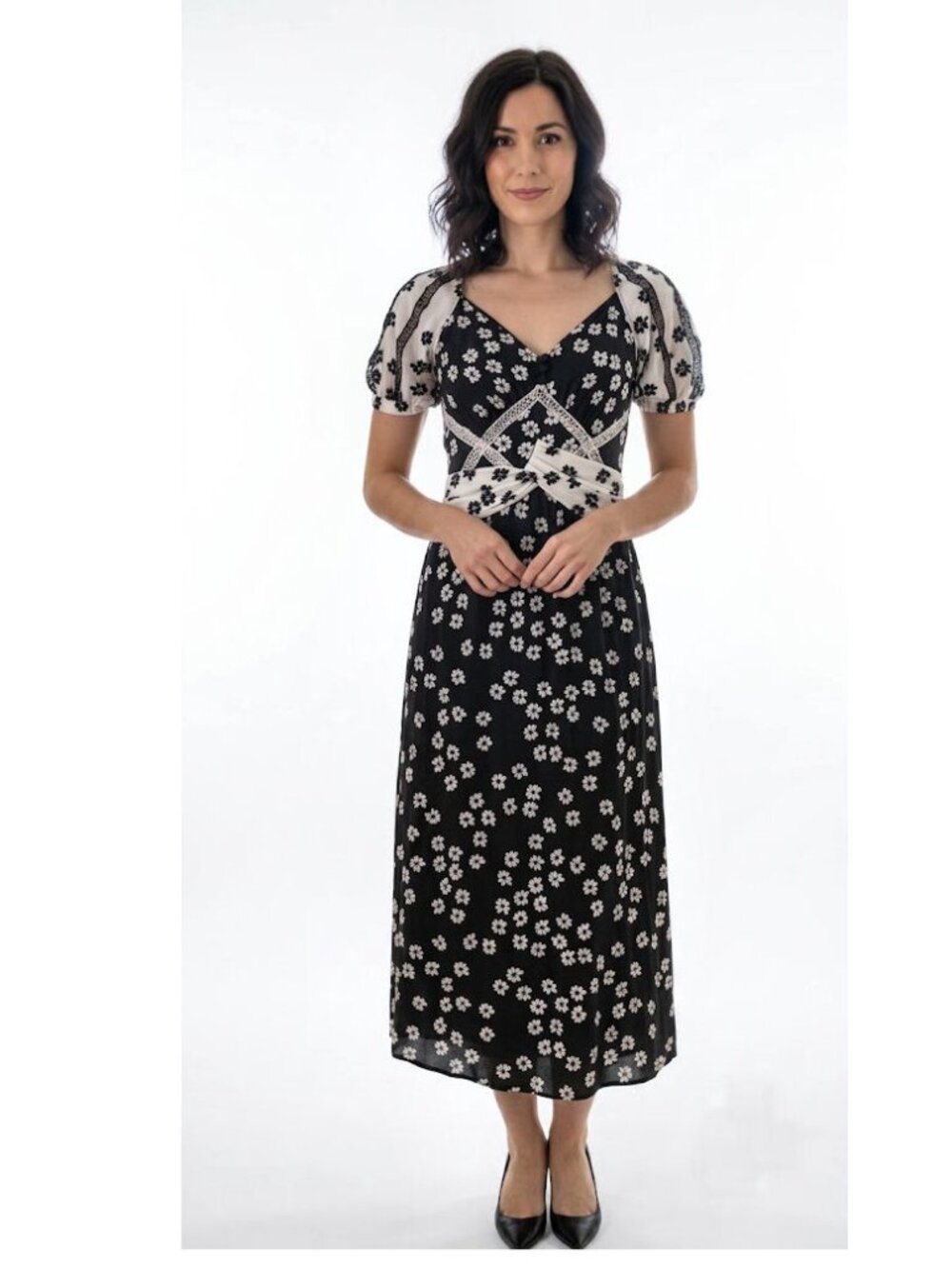 Self Portrait Daisy Print Puff Sleeve Women's Midi Dress, Black/White Size US 2 - Picture 1 of 12